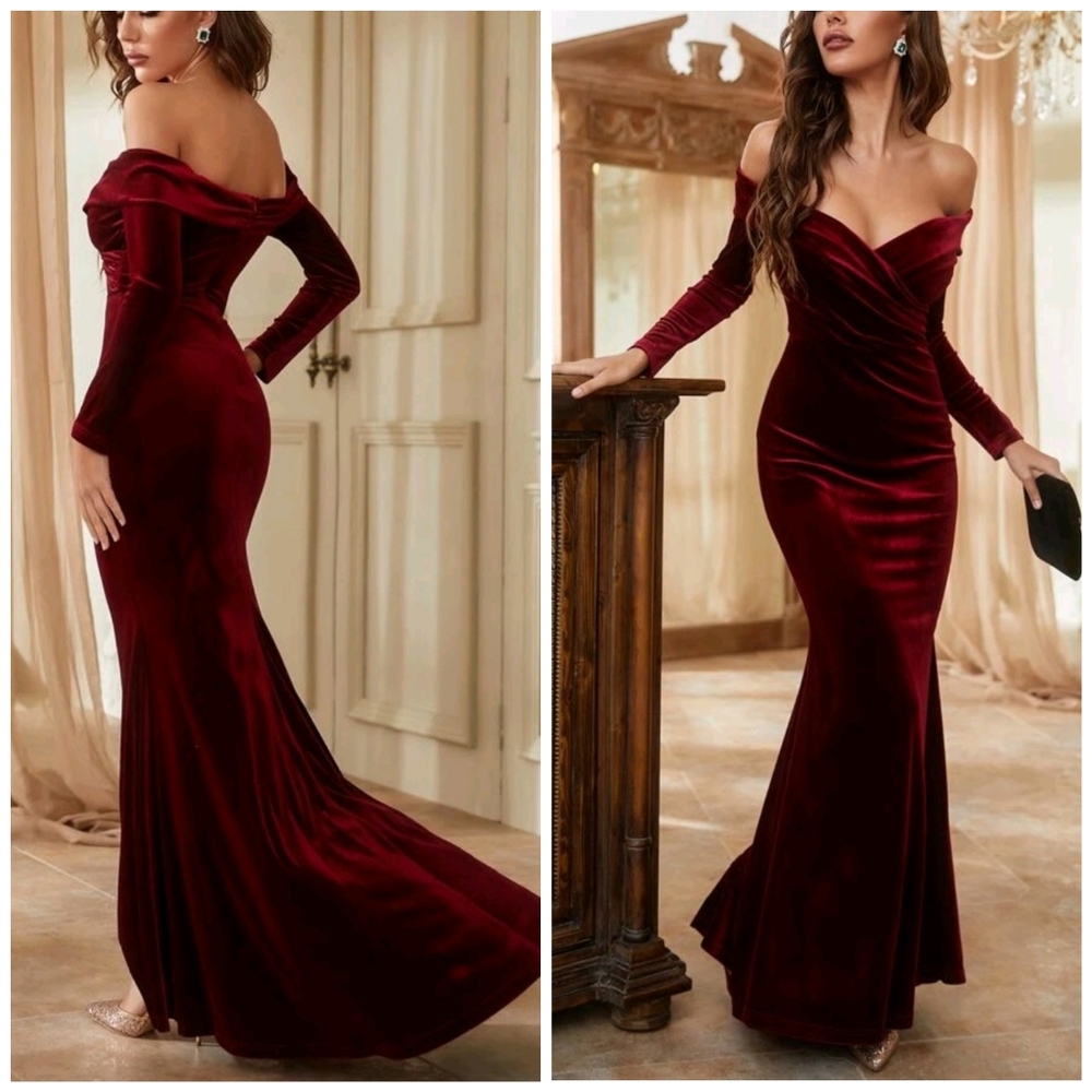New Luxe Velvet Wrap Off Shoulder Formal Maxi Dress Burgundy Red